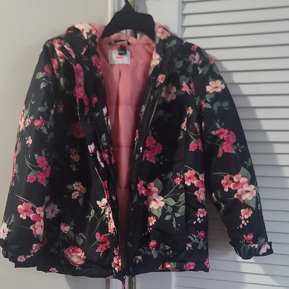 The Children's Place Black Hooded Floral Puffer Jacket with Pink Lining.
